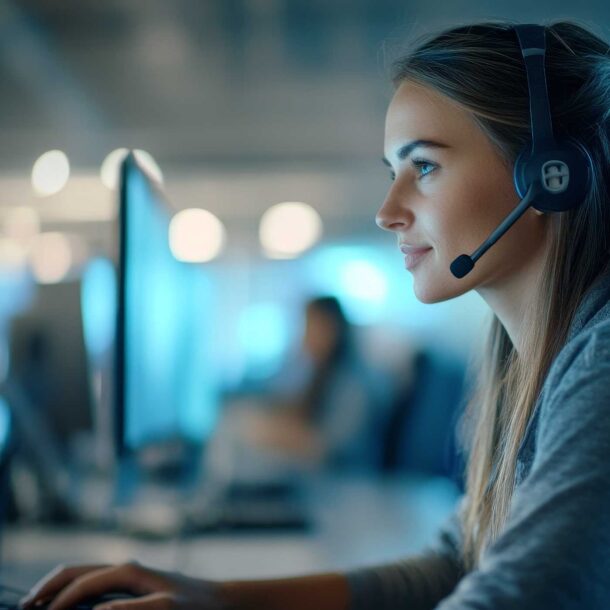 Female Call Agent Sitting At Desk Inside A Call Center