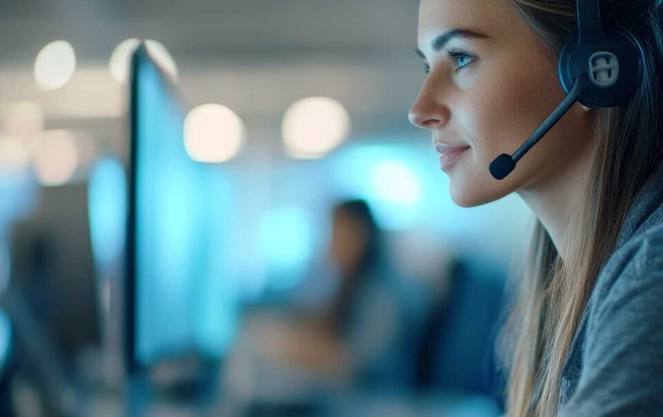 Female Call Agent Sitting At Desk Inside A Call Center