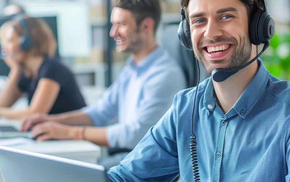 Male call agent wearing a headset smiling in call center