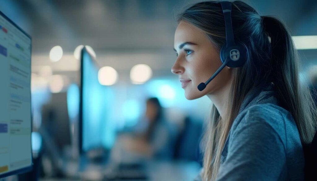 Female Call Agent Sitting At Desk Inside A Call Center