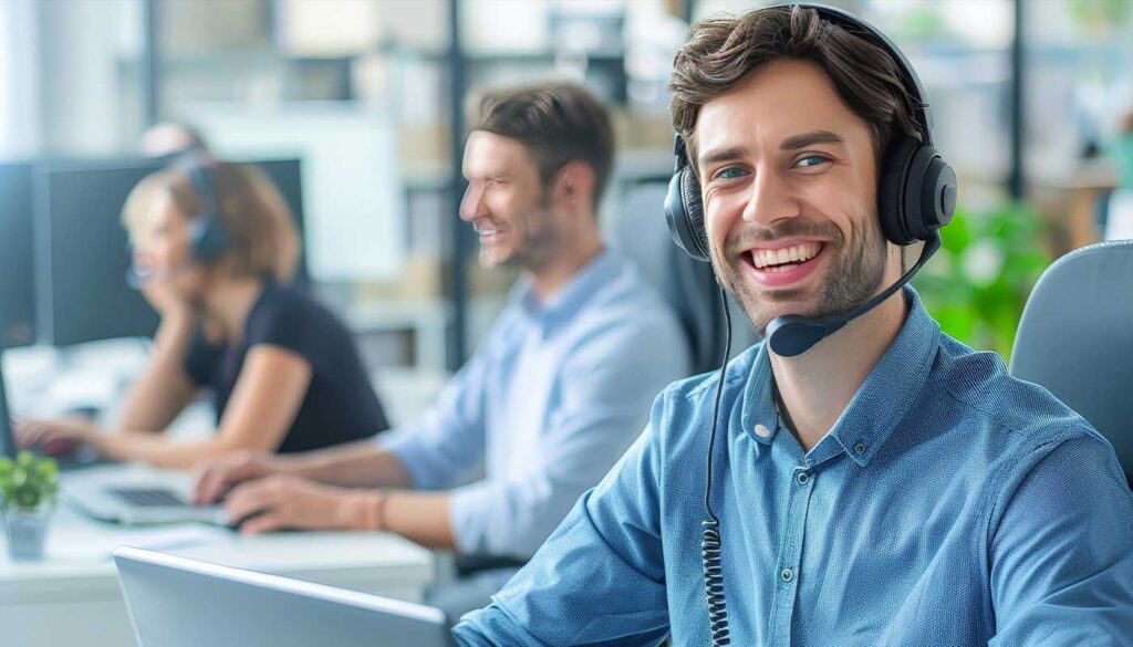 Male call agent wearing a headset smiling in call center