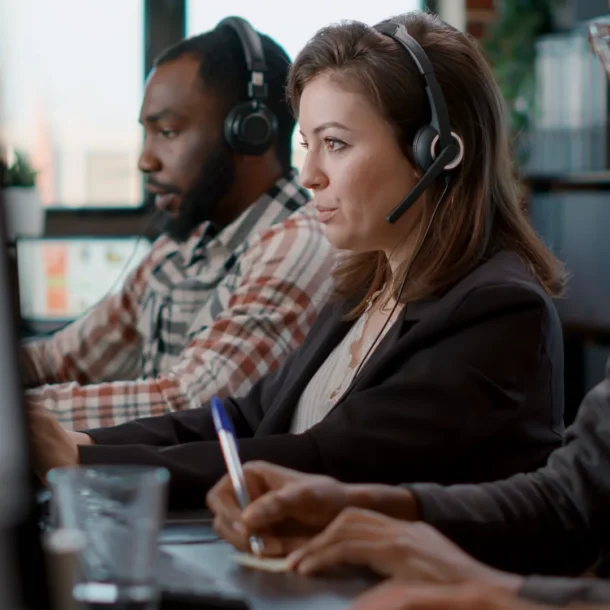 Two male one female BDC call center agents working with headsets and monitors