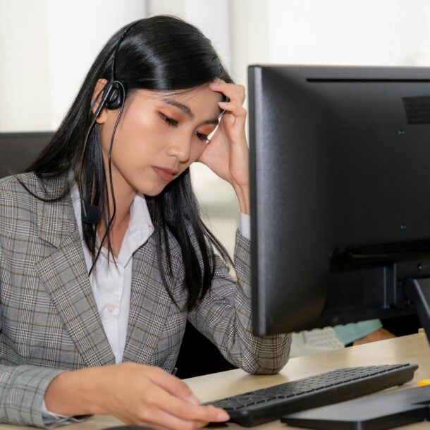 burnt out bdc agent female sitting at desktop with headset