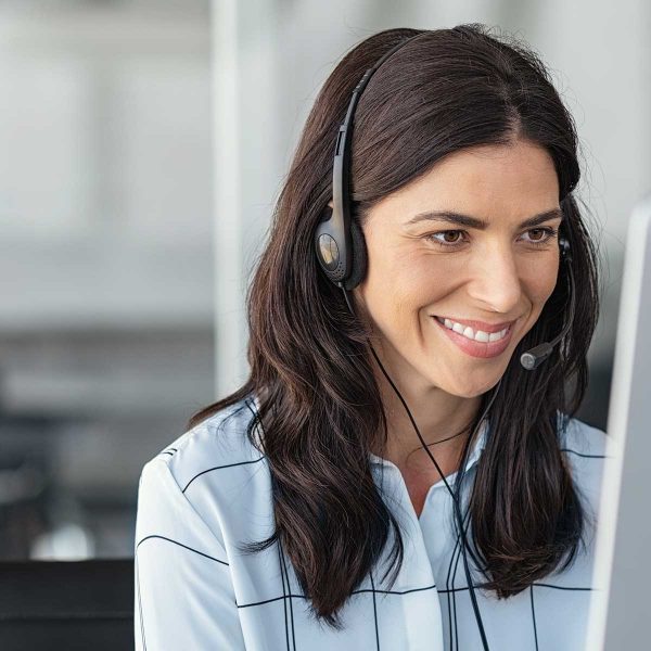 woman at call center smiling