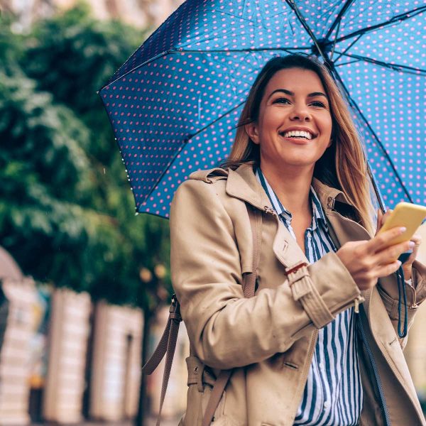 woman in the rain with her phone